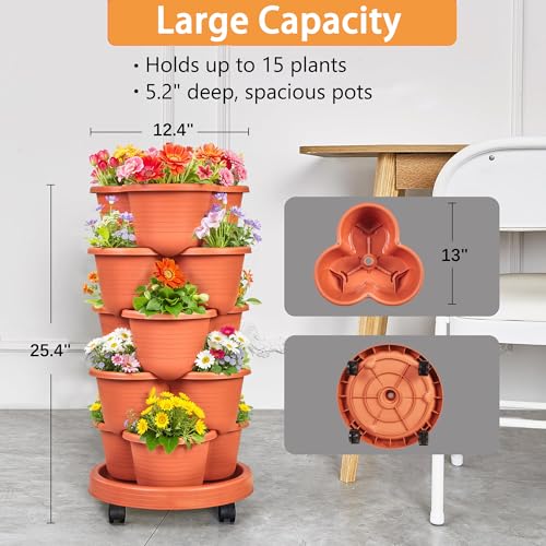 VECELO 5 Tier Vertical Garden Planter, Self Watering Stackable Planters with Wheels for Strawberries, Herbs, Flowers, Vegetables, Red - color: Red, size: 5 Tier
