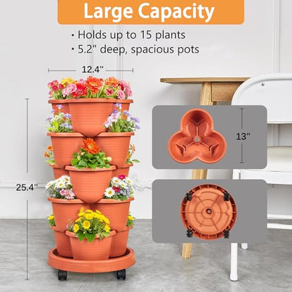 VECELO 5 Tier Vertical Garden Planter, Self Watering Stackable Planters with Wheels for Strawberries, Herbs, Flowers, Vegetables, Red - color: Red, size: 5 Tier