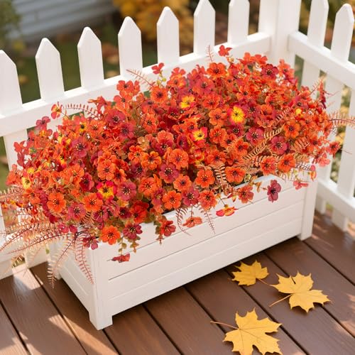 ADXORA 12 Bundles Fake Artificial Mums Fall Flowers for Outdoor Decoration - color: A5-orange, Autumn Red, Sunset Blush, Fernwood Autumn