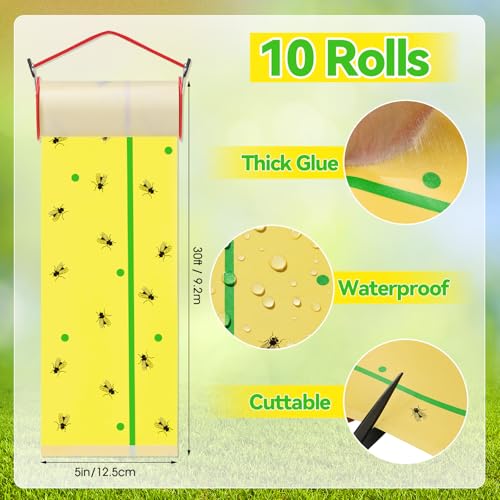 10 Rolls Sticky Fly Trap 30 ft Each, Fluorescent Yellow, Green Lines - color: Fluorescent Yellow with Green Lines