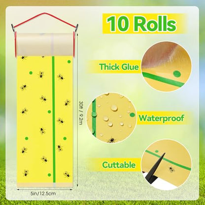 10 Rolls Sticky Fly Trap 30 ft Each, Fluorescent Yellow, Green Lines - color: Fluorescent Yellow with Green Lines