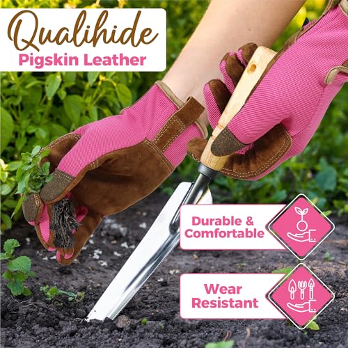 HANDLANDY Gardening Gloves for Women, Leather Garden Glove, Gardener Gift - color: Hot Pink, size: Large (Pack of 1)