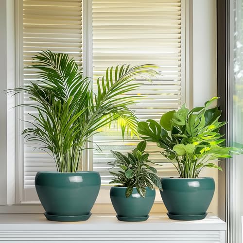 Ceramic Pots for Plants, 10+8+6 Inch Ceramic Plant Pot, Dark Green - color: Dark Green