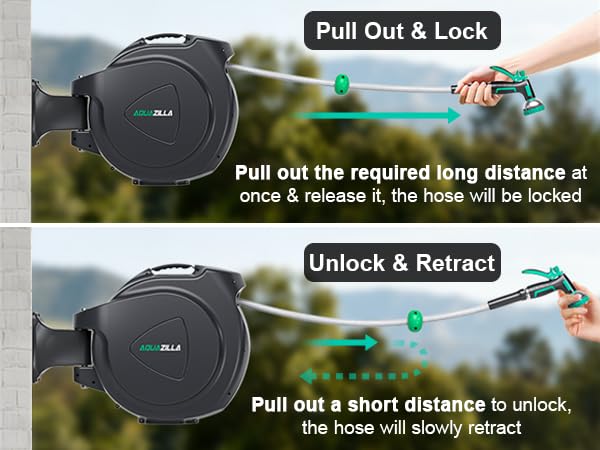Retractable Garden Hose Reel, 65FT +6FT 5/8" Durable Wall Mounted Water Hose Reel with 180° Swivel Bracket, 9 Pattern Sprayer, 6Ft leader hose,Smooth Automatic Rewind, Any Length Lock. - size: 65Ft x 5/8"