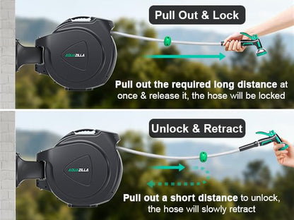 Retractable Garden Hose Reel, 65FT +6FT 5/8" Durable Wall Mounted Water Hose Reel with 180° Swivel Bracket, 9 Pattern Sprayer, 6Ft leader hose,Smooth Automatic Rewind, Any Length Lock. - size: 65Ft x 5/8"
