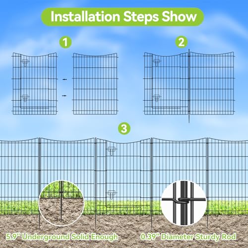 INJOPEXI Decorative Garden Fence 12 Panels 26ft(L)×36in(H) Metal Garden Fences with 11 Panels + 1 Gate, Animal Barrier Rabbit Fence Rustproof Wire Temporary Dog Fencing Outdoor for Backyard Lawn - size: 12 Panels 26ft(L)-36"(H) - With Gate