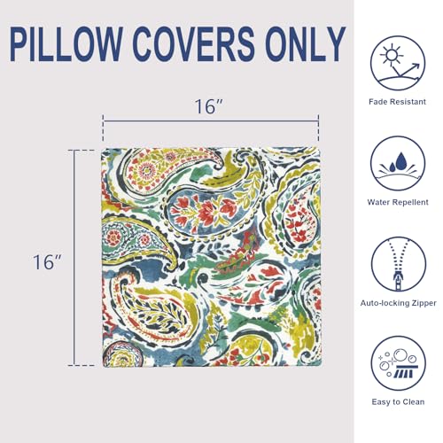 Outdoor 16x16 Inch Throw Pillow Covers Set of 2, Covers ONLY, All Weather Square Pillow Cases, Patio Cushion Pillow of Home Furniture Use, Paradise Paisley - color: Paradise Paisley, size: 16" x 16" (Pack of 2)