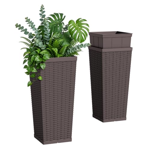 Flamaker 24“ Tall Plastic Planters with Drainage Holes Front Porch Set of 2 - color: Brown, size: 24" H