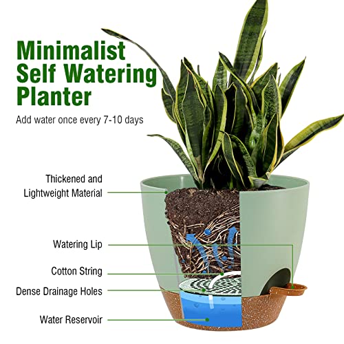 UOUZ Large Self Watering Pots, 12/10/9 Plastic Planters with High Drainage Holes and Deep Reservoir for Indoor Outdoor Garden Plants and Flowers, Green with Brown - color: Green With Brown