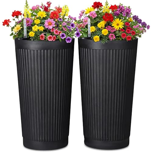 TUYOHW 24 Inch Tall Round Plastic Planter with Self Watering System, Large Indoor Outdoor Planter for Home, Patio, Garden - color: Black-round