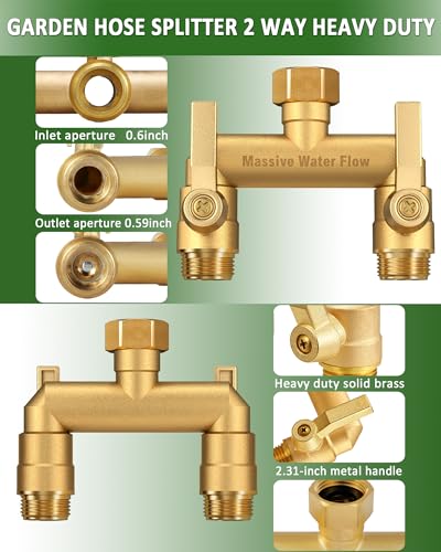Hose Splitter 2 Way Heavy Duty, Solid Brass Full Flow Outdoor Faucet and Garden Hose Splitters, Water Spigot Splitter T Adapter, All Metal Water Connector with Shut-Off Valve, 3/4 - Inch GHT Thread - style: Brass 2 way