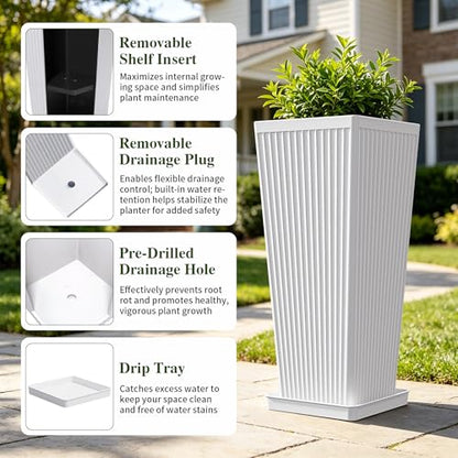 24" Tapered Tall Planters for Outdoor Plants with Tray&Shelf, White - color: White-smooth