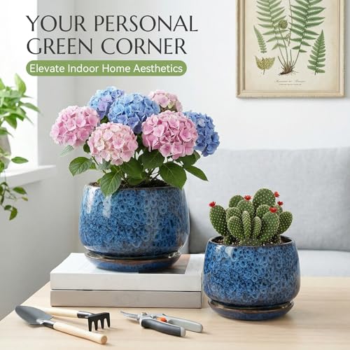 7.5 Inch Flower pots for Indoor Outdoor Plants with Saucer Drainage Leak-Proof Mesh, Ceramic Planter with Gardening Gloves for Succulent and Flower(Peacock Blue) - color: Peacock Blue, size: 7.5 Inch