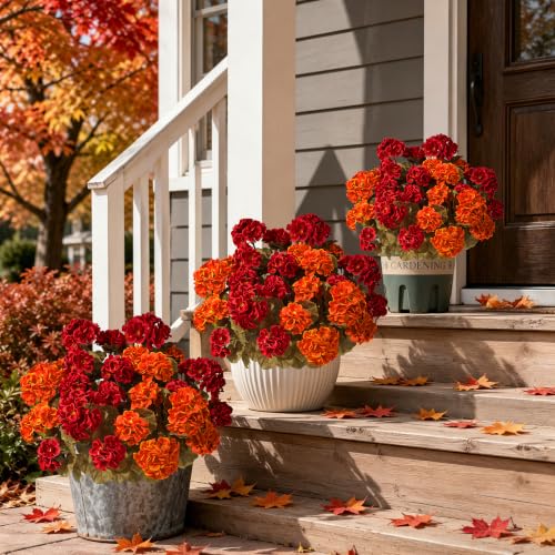 Geraniums Fall Flowers Artificial Flowers for Outdoors Autumn Decor, 2 Pack Potted Plants Faux Geraniums Bush Realistic UV Resistant Fake Flowers Greenery for Outside Porch Patio Yard Indoor, Mix - color: 6 Red, 6 Orange