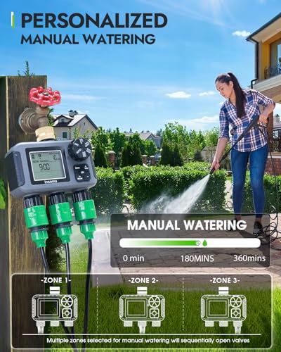 Insoma 3-Zone Sprinkler Timer with Brass Inlet + IPX5 Waterproof | Programmable Auto/Manual Irrigation Mode with Rain Delay & Large LCD | Water Hose Timer 3 Outlets for Garden, Lawn, Yard, Pool - size: 3 Zone-Brass Inlet