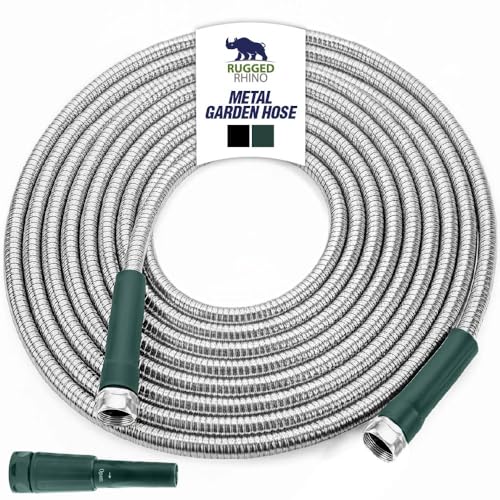 RUGGED RHINO Metal Garden Hose with Spray Nozzle, 304 Stainless Steel, 750 PSI Burst Strength, Heavy Duty Flexible Water Hose, Kink Resistant, Leakproof for Yard, Lawn and Outdoor Use, Green 25FT - color: Hunter Green/Silver, size: 25 Feet