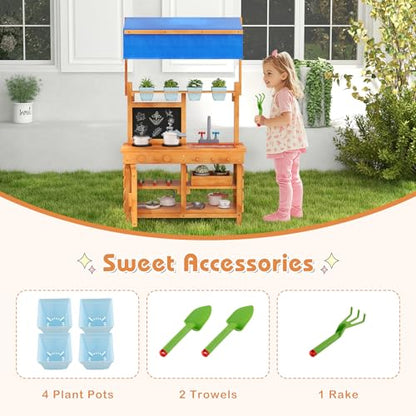 GLACER Mud Kitchen, Fir Wood Kids Play Kitchen with Adjustable Canopy, 4 Planting Pots, Blackboard, Kids Potting Bench Table, Outdoor Mud Table for Girls & Boys 3+