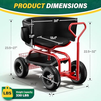 Garden Seat with Wheels, Rolling Garden Stool with Adjustable 360°Swivel Seat - color: Red