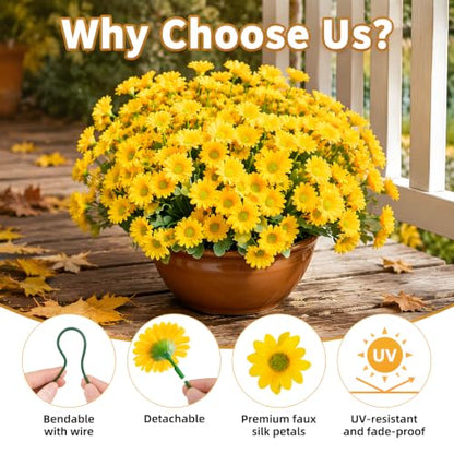 CLEANGOR 12 Pcs Daisy Artificial Flowers for Outdoors, Fake Mums (Yellow) - color: Yellow
