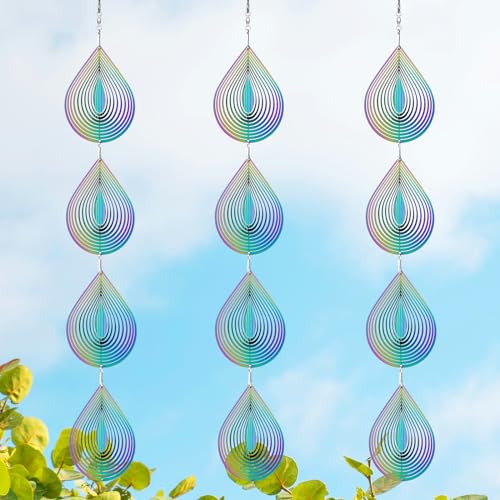 Rainbow Metal Wind Spinners Outdoor Garden Yard Decor, Bird Scare Discs Reflectors to Keep Birds Away, Holographic Reflective Bird Devices Deterrents for Outside Patio Fruit Trees (Water Droplet) - color: Colorful Droplet(3 Set, 12 Discs)