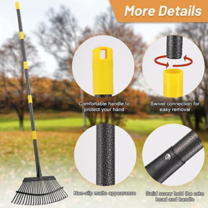 Garden Rake for Leaves, 18" Wide Head, 25 Steel Tines, Adjustable to 74 in - color: matte black, size: 25tine