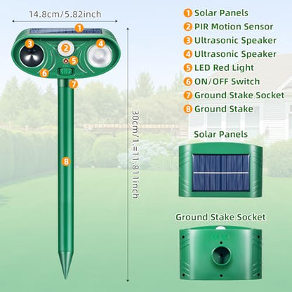 Solar Ultrasonic Animal Repellent 2 Pack,Motion Activated Deterrent for Deer, Cat, Squirrel, Raccoon, Rabbit & Bird, Waterproof Outdoor Animal Repeller with LED Strobe for Yard, Garden & Orchard