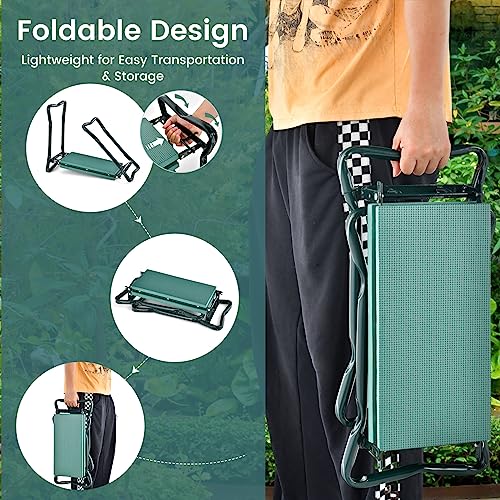 HAPPYGRILL Garden Kneeler Bench for Kneeling and Sitting, Portable Garden Kneeler Seat with 2 Large Tool Pouches, EVA Foam Kneeling Pad, Foldable Gardening Tool Bench