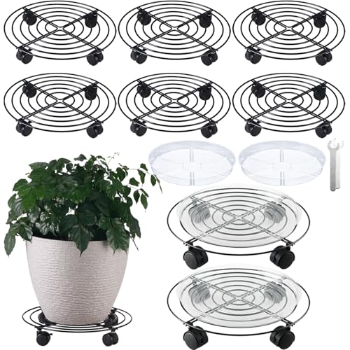 8 Packs 12 Inches Large Metal Plant Caddy with Wheel Rolling Plant Stands Heavy-duty Wrought Iron Plant Roller Base Pot Mover Plant Saucer on Wheels Indoor Outdoor Plant Dolly with Caster Coaster - color: Black, size: 12"/ 8 packs