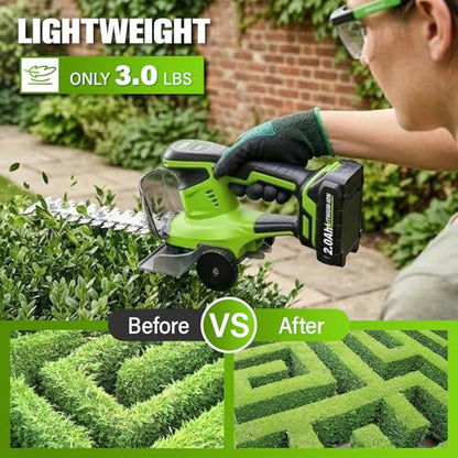 FULLYEA 2-in-1 Hedge Trimmer Cordless, Electric Bush Trimmer & Hedge Shears, Lightweight Grass Cutter with 2 * 2.0Ah Batteries & Charger, Battery Grass Trimmer, Handheld Shrub Trimmer Garden Tools