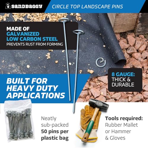 Sandbaggy 12 Inch Rust-Free Circle Top Pins | Industrial Grade 8 Gauge Galvanized Steel | Great for Hard & Rocky Soil | Holds 5X Better | Landscape Staples SOD Garden Stakes Weed Mats, Tarp (1500 Pcs) - size: Galvanized 12-Inch - 1500 Pcs