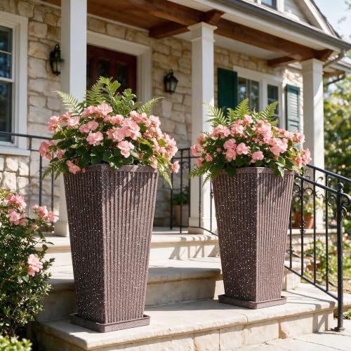 24" Tapered Tall Planters for Outdoor Plants with Tray&Shelf, Brown - color: Brown-concrete Look/Sandblasting