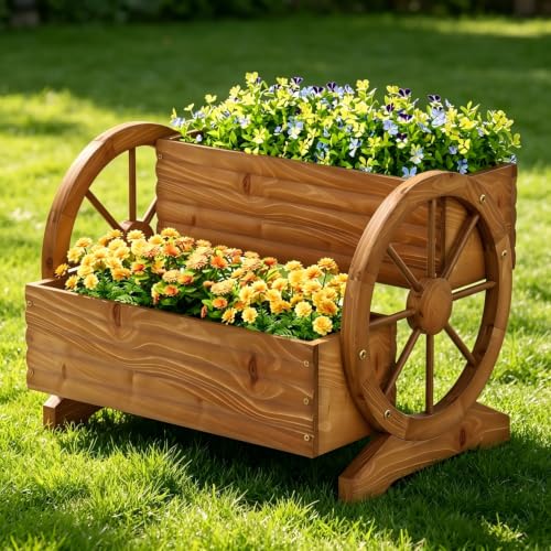 Wood Wagon Planter for outdoor Plants Cute Garden Flower Pots Cart Porch, L - color: Brown-large