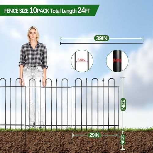 24.3ft(L) x 32.3in(H) 10 Panels Metal Decorative Garden Fence - size: 10 Panels-24.3ft(L) x 32.3in(H)
