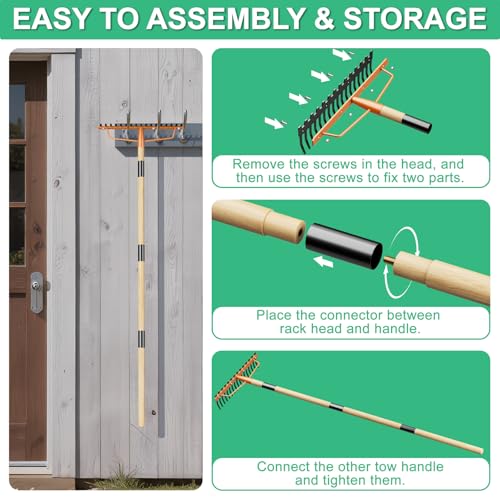 Bow Rake Heavy Duty 17-Tine, 55" Wooden Handle Garden Rake