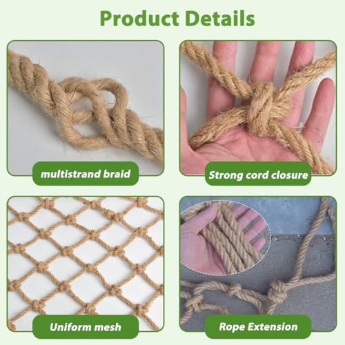Natural Jute Hemp Rope Net,8mm Thick Safety Anti-Fall for Children Pet,Balcony Stairs Garden Playground Protection Net,Indoor & Outdoor Decor (Size:1M*1M(3.3FT*3.3FT)) - size: 1M*1M(3.3FT*3.3FT)