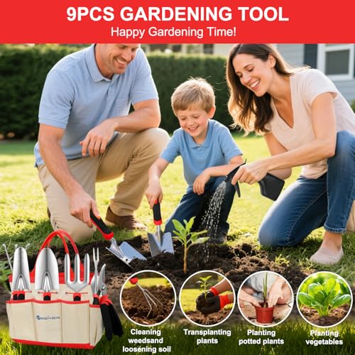 Yesker Gardening Tools 9-Piece Heavy Duty Garden Tool Set Gardening Supplies Gifts for Women Men Gardening Hand Tool Kit with Non-Slip Ergonomic Handle, Garden Bag, Durable Gloves, Pruning Shears, Red - size: 9PCS Black Red