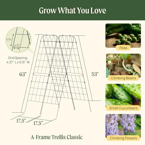 Vego Garden A-Frame Trellis Cucumber Cage for Garden & Pots, Rust-Resistant Tomato Stakes Heavy Gauge Plant Cage Trellis Support for Climbing Vegetables Plants 2 Pack - size: 63" Tall