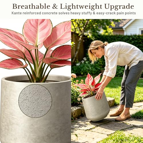 Kante Weathered Concrete Planter 13" Dia All-Weather Round Accent Pot - color: Buff Concrete, size: 11.6" D