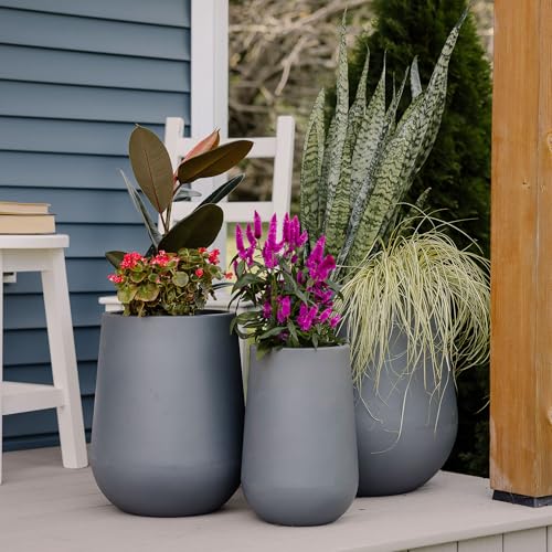 Beuta Large Poly Planters for Outdoor Plants - Set of 3, 15.5/18/20.5 Inches Outdoor Planters for Porch - Tall Planter for Outdoor & Indoor Plants | Large Indoor Plant Pot - USA Made - Grey - color: Alto - Grey