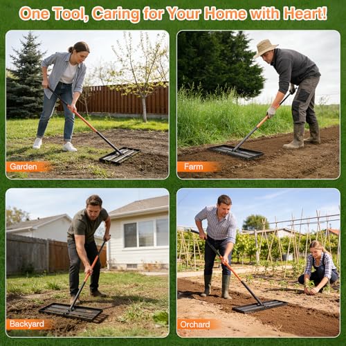 Lawn Leveling Rake, 30"x10" Leveler with 78" Adjustable Handle - color: Orange