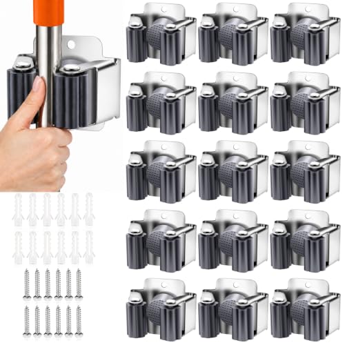 Verdenu 15 Pack Broom Holder Wall Mount, Mop and Broom Holder Wall Mount, Stainless Steel Command Broom Holder with Screws, Garden Tool Storage Organizer for Kitchen, Home, Bathroom, Garage, Grey - color: Grey, size: 15 Pack