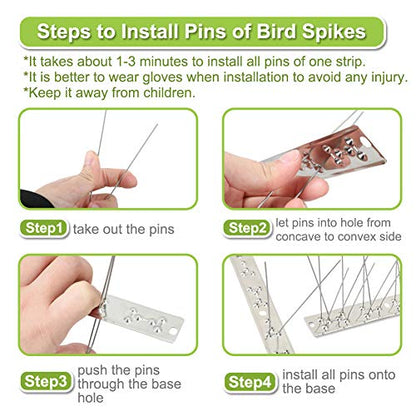 Bird Spikes Stainless Steel 60ft Coverage 56 Pack for Pigeons Small Birds Outdoor Use Bird Prevention Strips for Fence Crows Woodpeckers with 304 Stainless Steel Pins and Base Not Rusty - size: 60 feet (56 pieces)