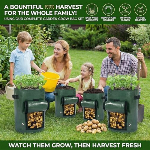 7 Gallon Potato Grow Bags with Harvest Flap and Handles, Durable PE Fabric Planter Pots for Tomato Onion Carrot Fruits Herbs, Outdoor Garden Containers, Green