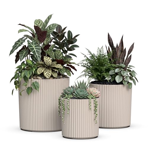 Mayne Haven Round Fluted Modern Planter Set, Chai, 3-Pack - color: Chai, size: 10in, 12in, and 14in