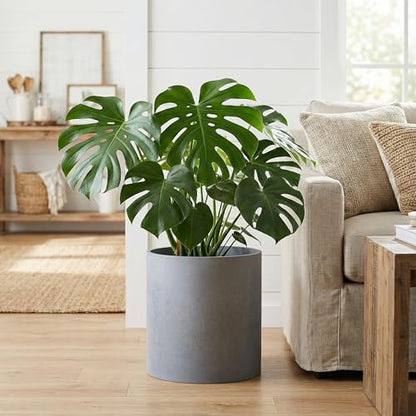 FaithLand 14 Inch Fiberstone Planter - Lightweight Modern Cylinder Plant Pot with Drainage Hole & Plug, Authentic Concrete Look, Gray - color: Gray, size: 14 inch