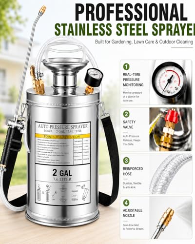 2Gal Stainless Steel Pump Up Sprayer Reinforced Hose, Hand Pump Sprayer with Pressure Gauge&Safety Valve, Adjustable Nozzle Suitable for Gardening (2 Gallon) - style: 2 Gal