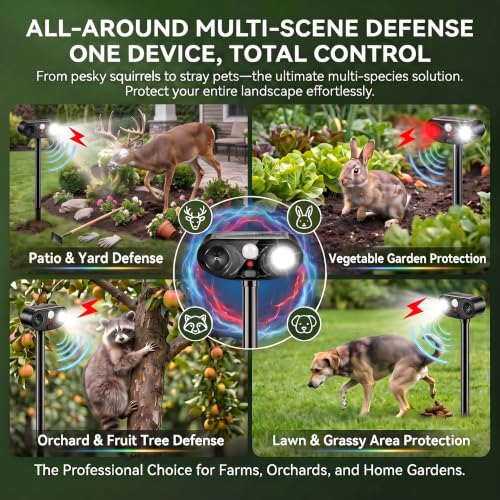 2026 Upgraded Solar Ultrasonic Animal Repellent Deer Cat Squirrel Deterrent Devices Motion Activated with LED Strobe Light Repeller Keep Dog Raccoon Skunk Rabbit Away from Yard Garden Farm 4 Pack