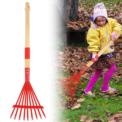 Kids Rakes with Hardwood Handle - Metal Kids Leaves Rakes, 28" Child Size Lawn Rakes with Vibrant Red Heads, Garden Tool Set for Kids Boys and Girls - color: Red