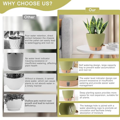 Self Watering Pots for Indoor Plants 12/10/9/8 Inch Plastic with Reservoir - color: Green
