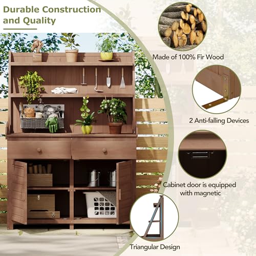 Outdoor Potting Bench Table, Wooden Gardening Table with Storage Cabinet, Drawer, Shelf, Planting Work Bench Station for Garden, Patio, Brown